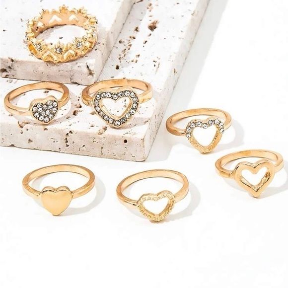 Gold 7pc Rhinestone heart Ring Set - Picture 2 of 2